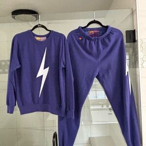 Aviator Nation Purple Lightning Bolt Crew Sweatshirt and Sweatpants Set